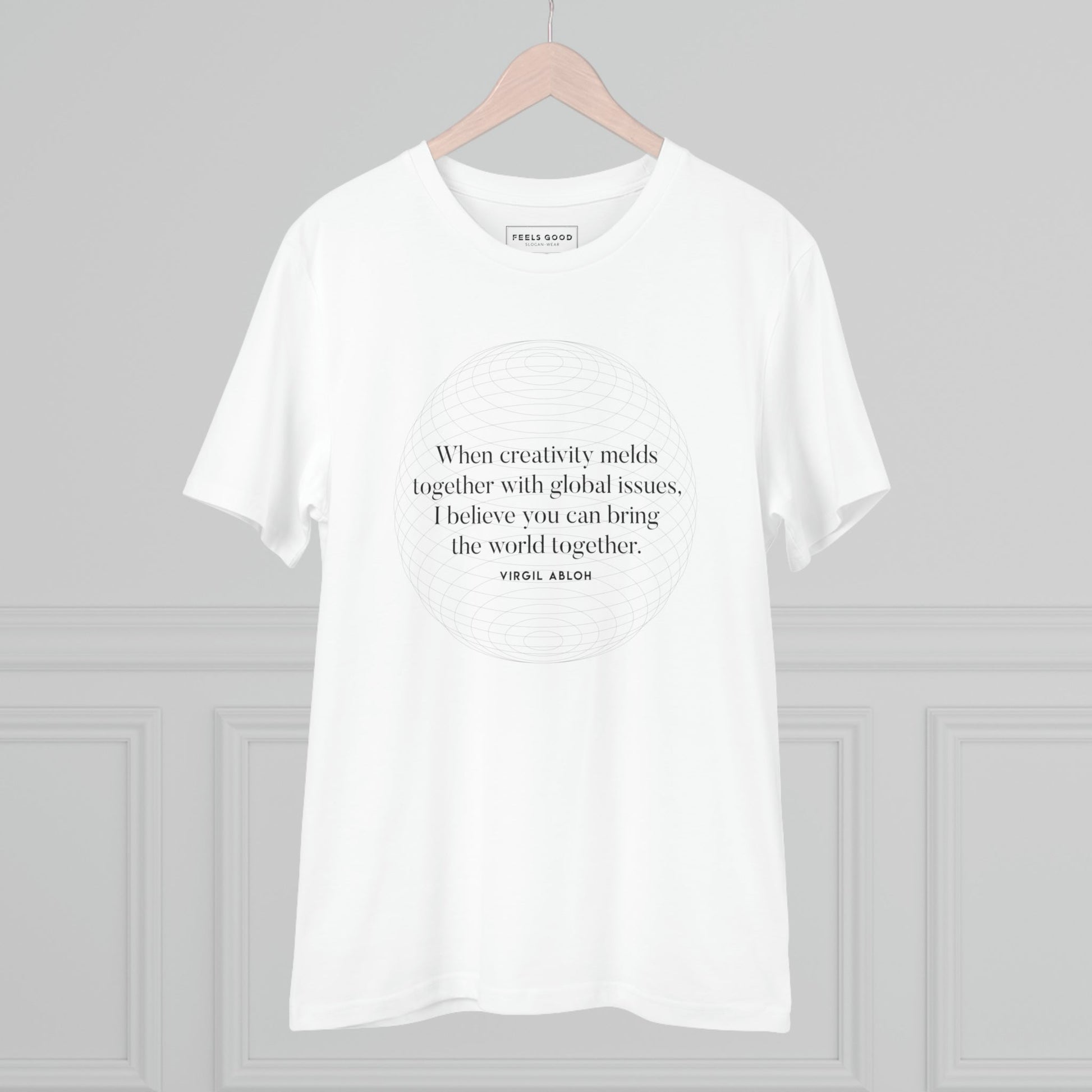 Inspired by luxury? Famous quotes 'One World' Virgil organic cotton T-shirt – best chanel t shirt pick!
