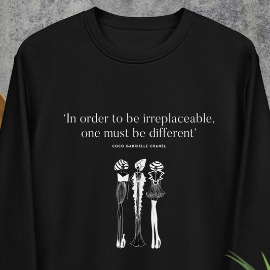 Fashion 'Be Different' Coco Chanel Organic Cotton Sweatshirt with graphic slogan design.

