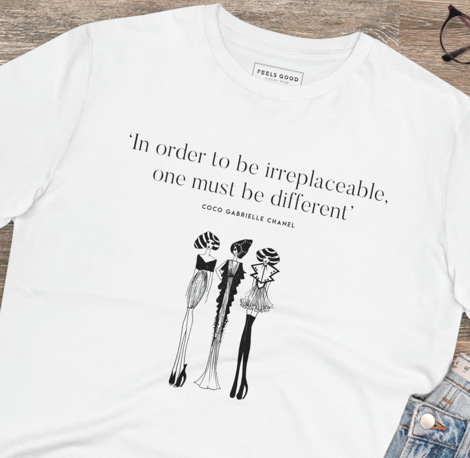 Chic Coco Chanel quote T-shirt – 'Be Different' organic cotton tee
