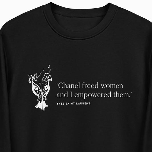 Fashion 'Empowered' Saint Laurent Organic Cotton Sweatshirt with bold Chanel slogan design.

