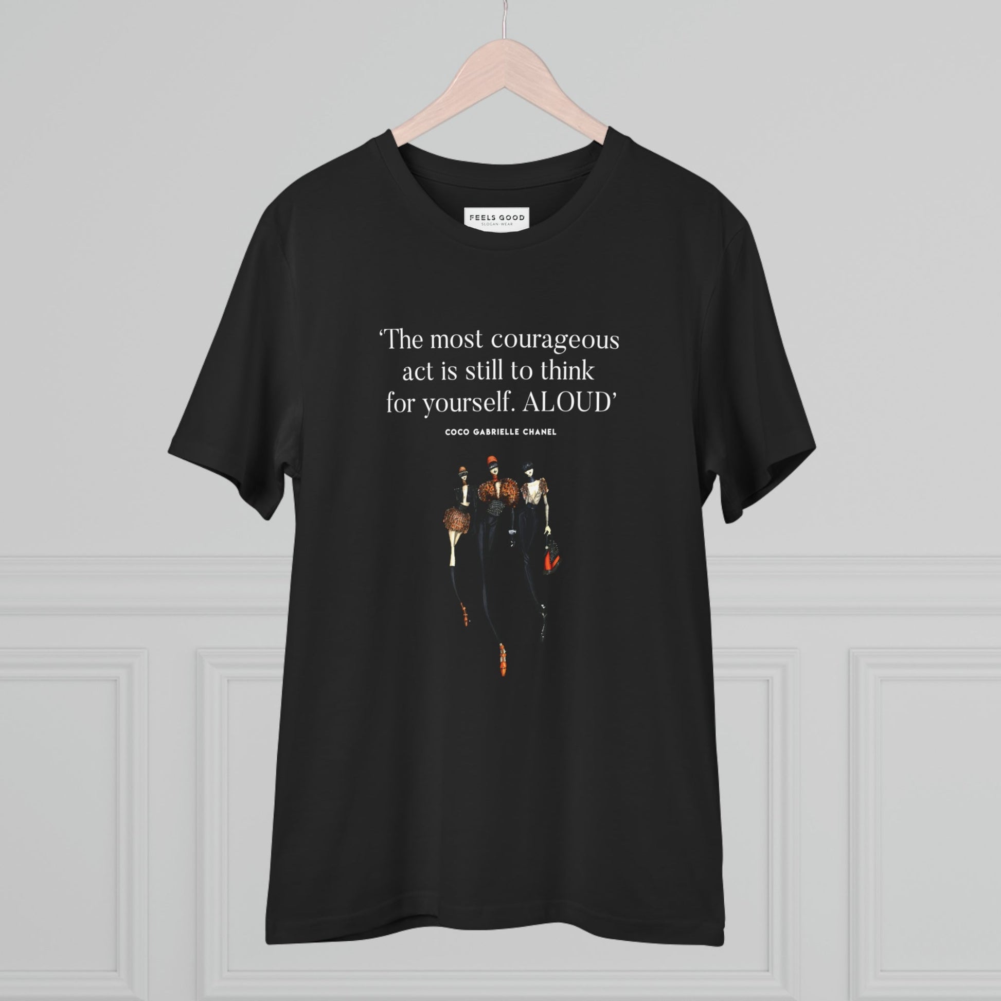 Make a statement in the fashion 'Think Aloud' Coco Chanel organic cotton t-shirt. Dior tshirt style, eco-made!