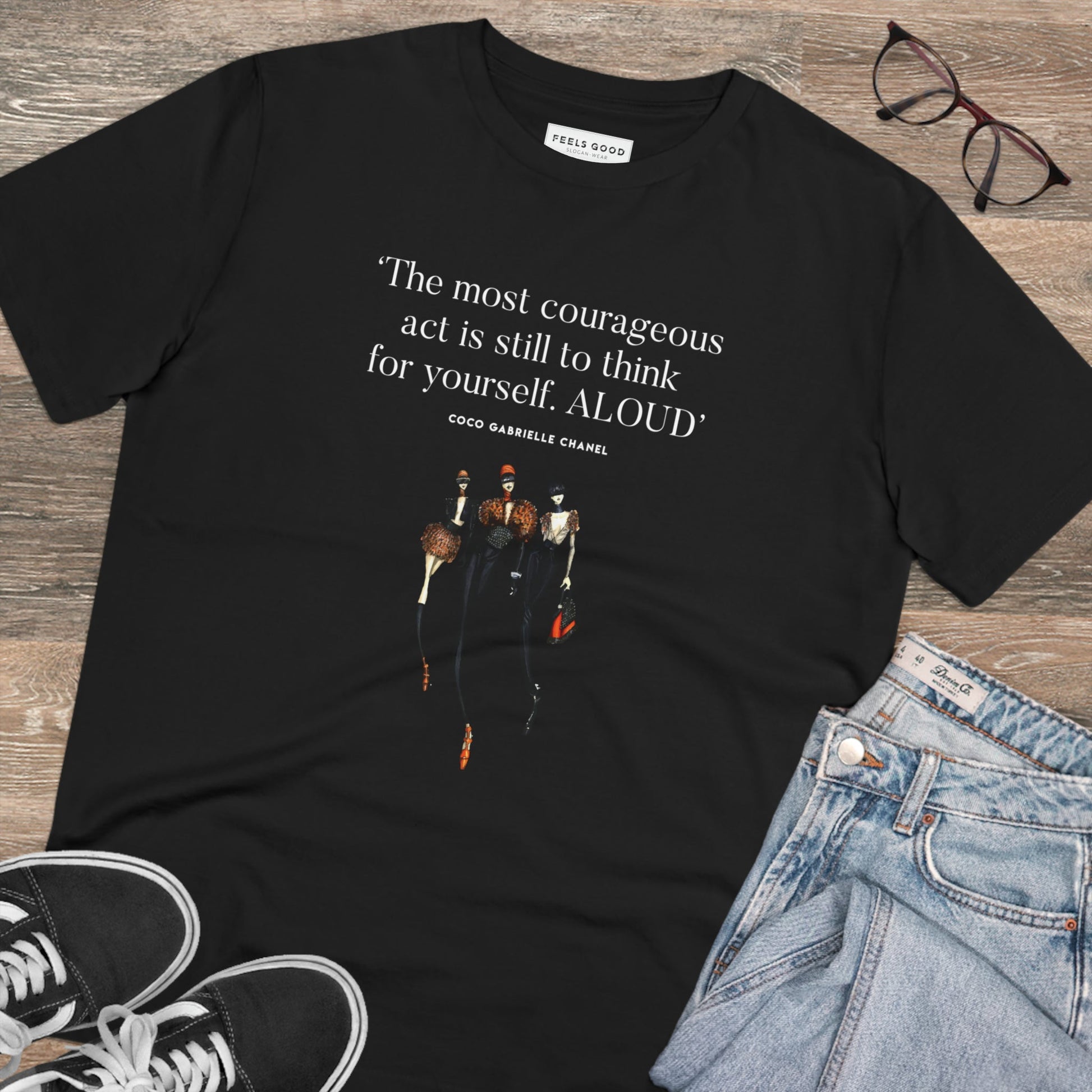 Find daily motivation with the fashion 'Think Aloud' Coco Chanel organic cotton t-shirt. Stay inspired!