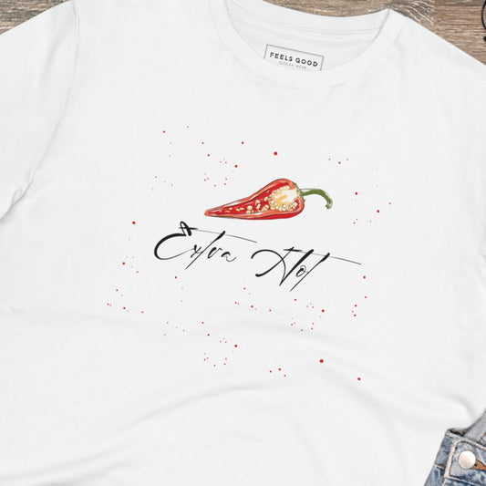 Make a bold statement with the feminist 'Extra Hot' organic cotton t-shirt, a top feminist slogan t-shirt.