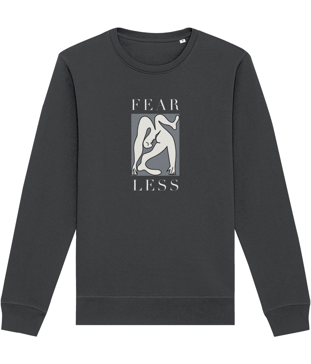 Express strength in the feminist 'Fear Less' organic cotton sweatshirt, a top feminist slogan sweatshirt.