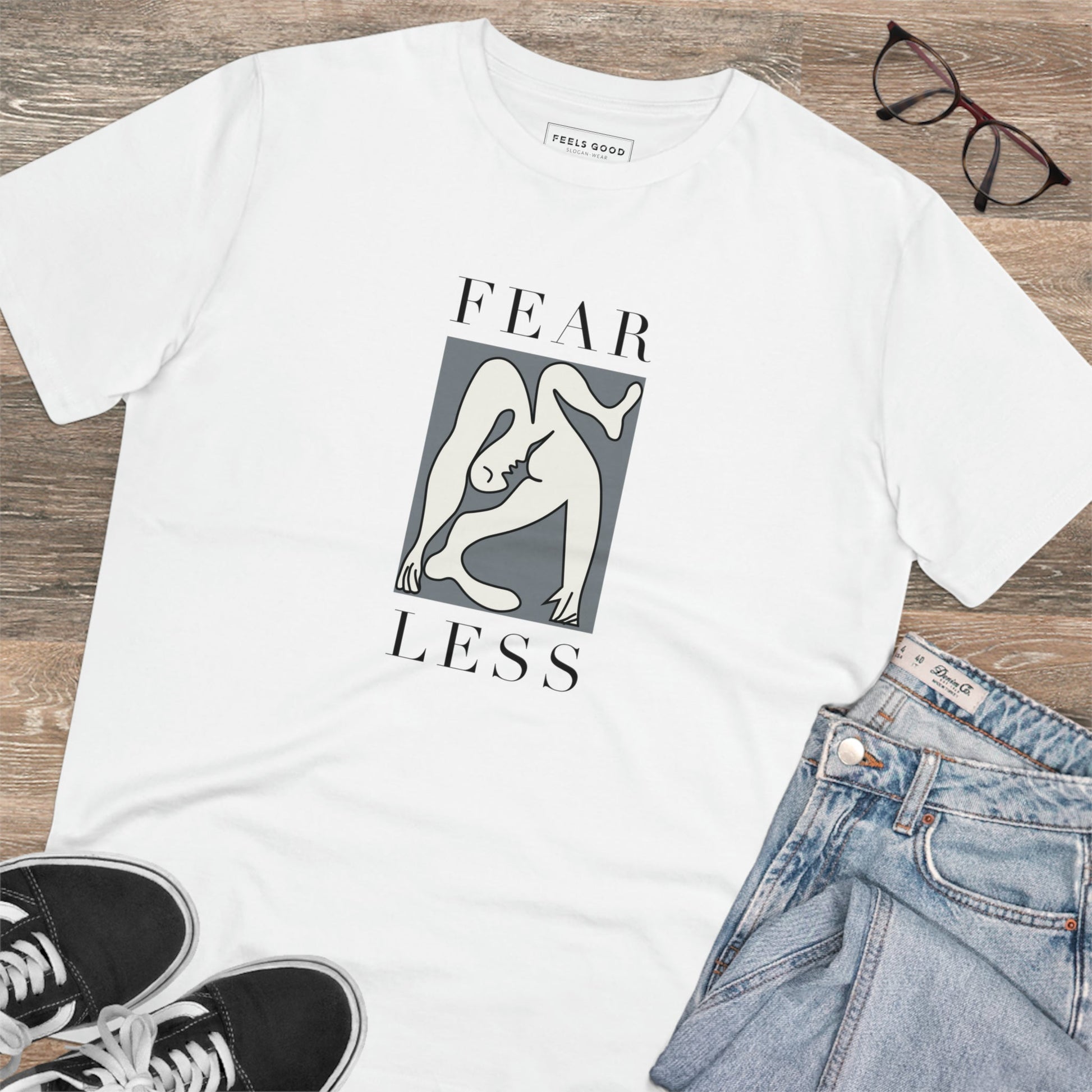 Wear your feminist voice with the feminist 'Fear Less' organic cotton t-shirt, a UK staple.