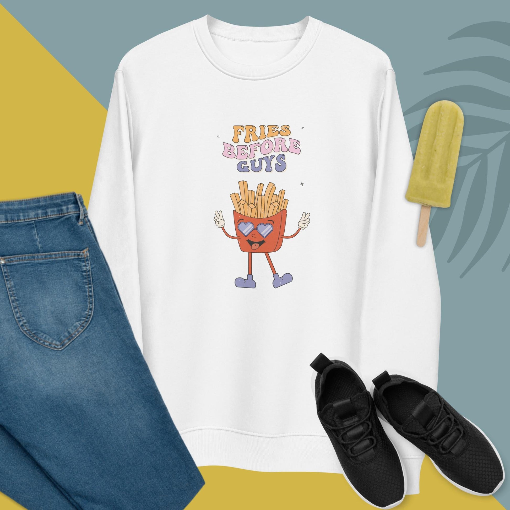 Our feminist 'Fries Before Guys' organic cotton sweatshirt is perfect for bold & conscious women.