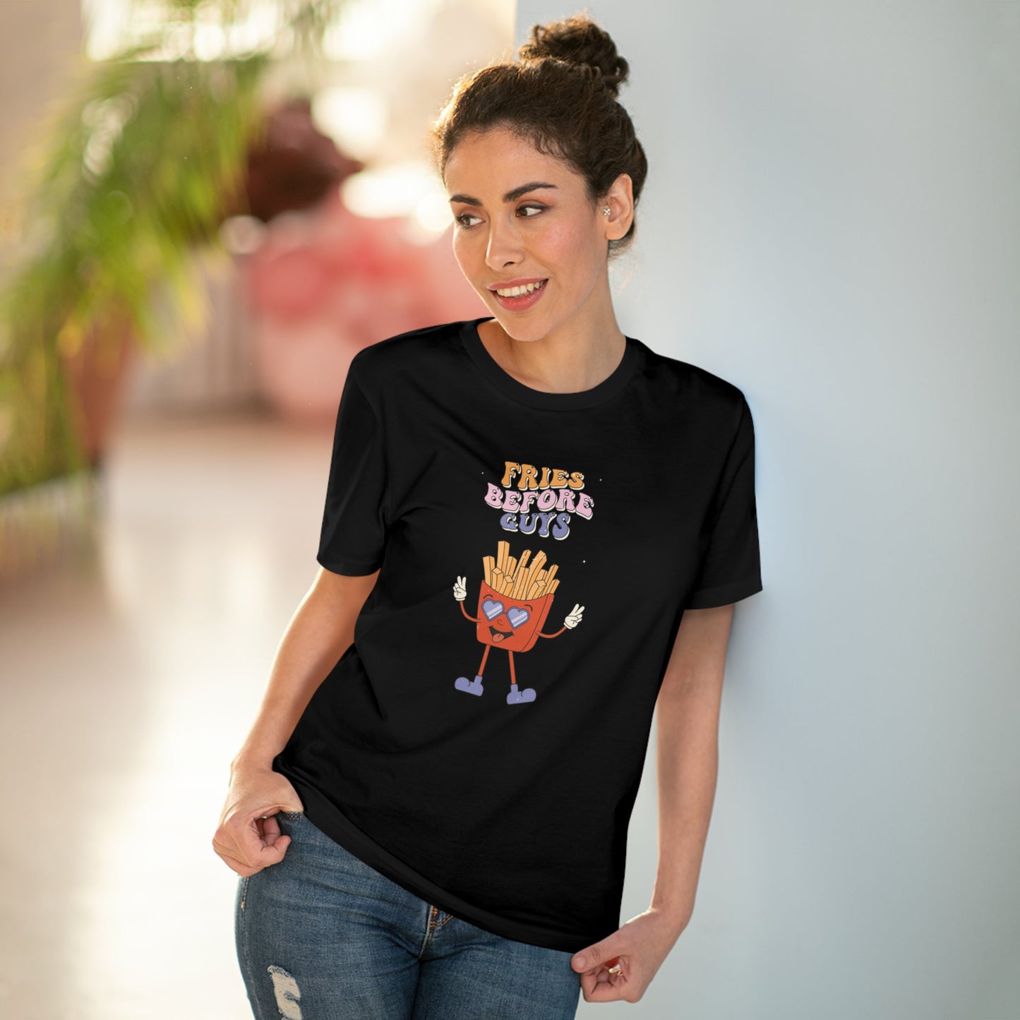 Express yourself with the feminist 'Fries Before Guys' organic cotton T-shirt—wear your values!