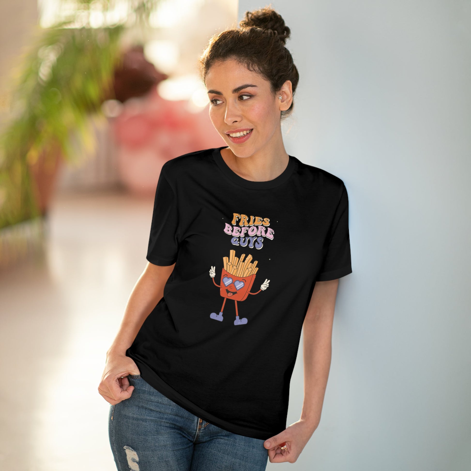 Express yourself with the feminist 'Fries Before Guys' organic cotton T-shirt—wear your values!