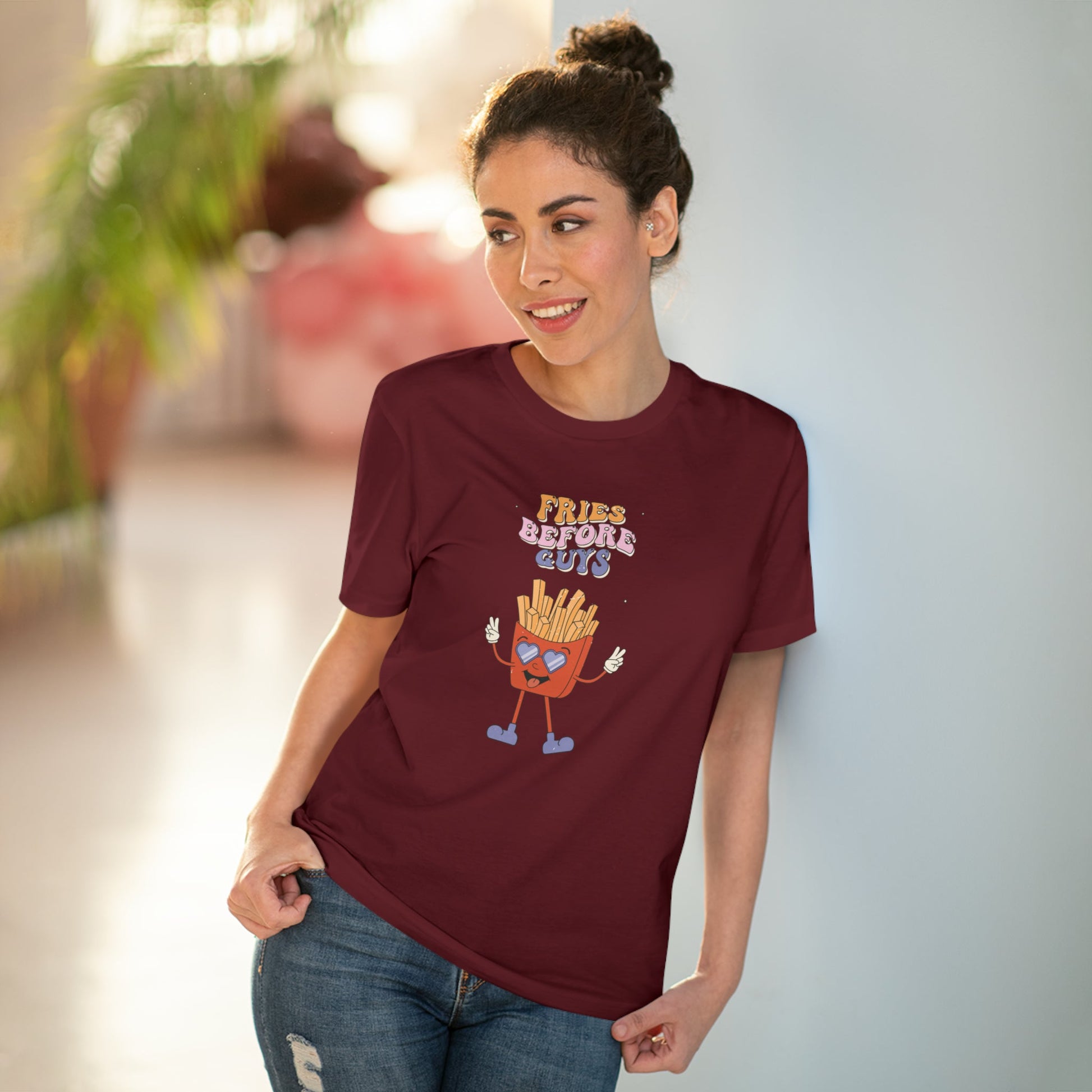 Make an impact with the feminist 'Fries Before Guys' organic cotton T-shirt, soft and sustainable.