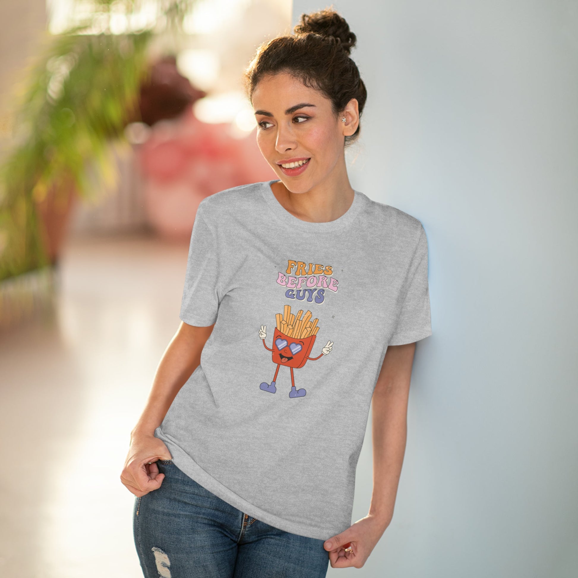The feminist 'Fries Before Guys' organic cotton T-shirt is a powerful feminist slogan T-shirt.
