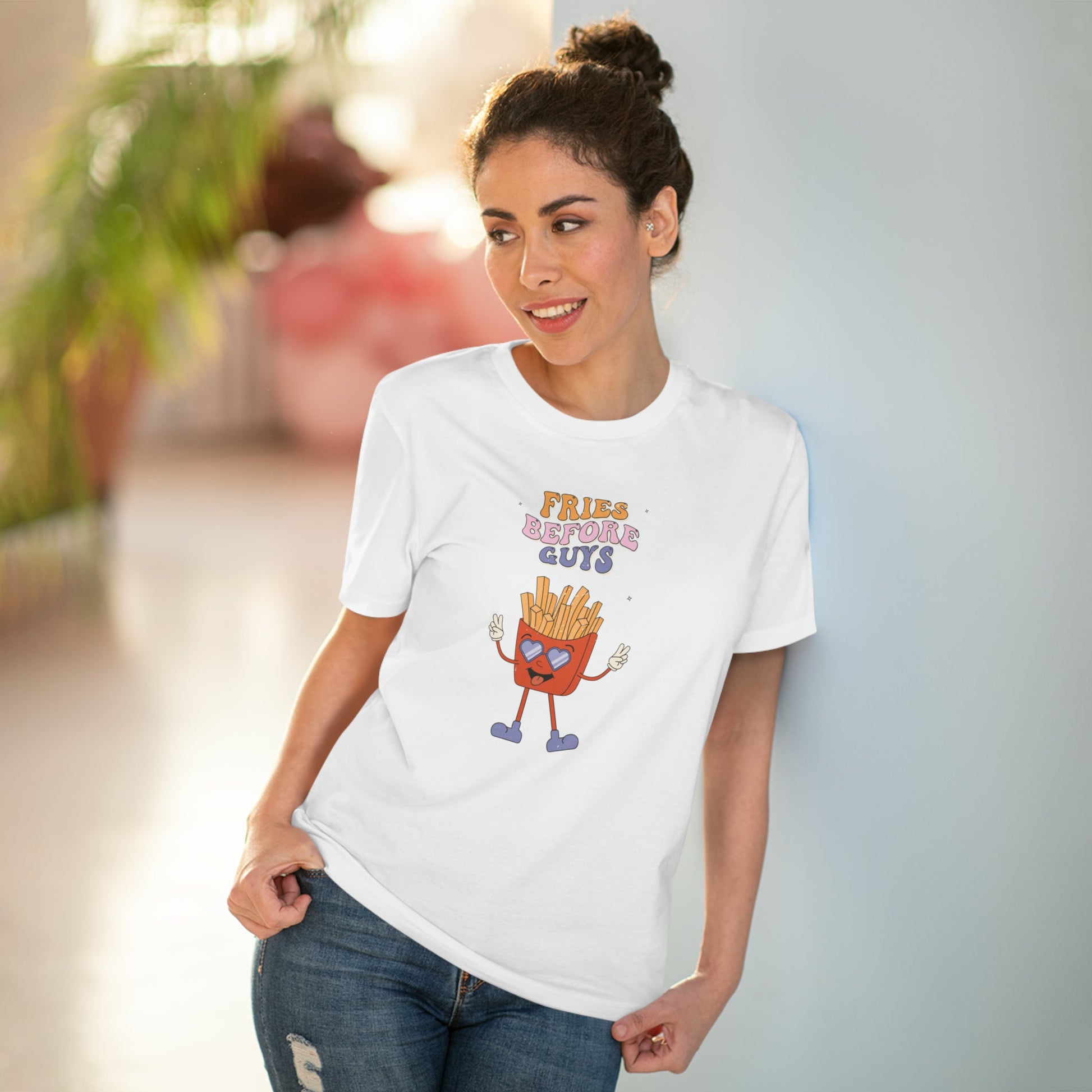 Rock the feminist 'Fries Before Guys' organic cotton T-shirt, a must-have feminist slogan T-shirt.