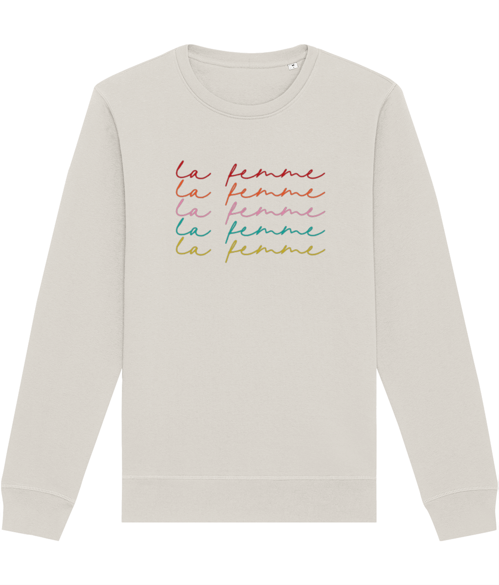 Ethically made, the feminist 'La Femme' organic cotton sweatshirt is a go-to for empowered women.