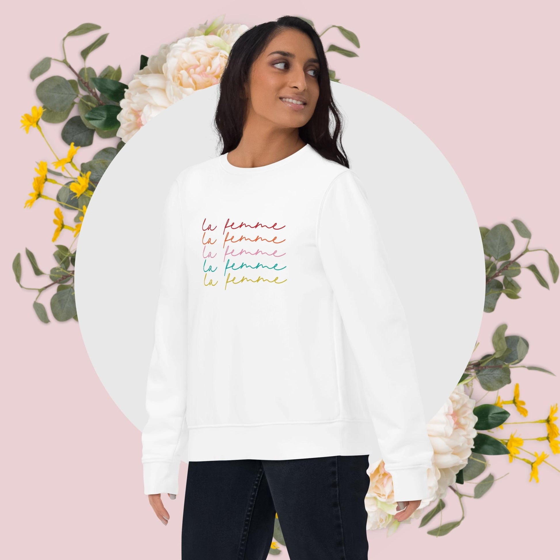 Express empowerment with the feminist 'La Femme' organic cotton sweatshirt, a must-have for women.