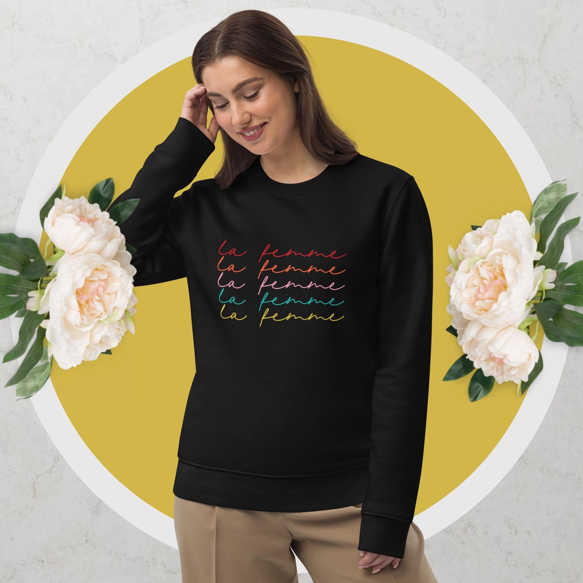 Soft, ethical & stylish—feminist 'La Femme' organic cotton sweatshirt for a feminist fashion statement.