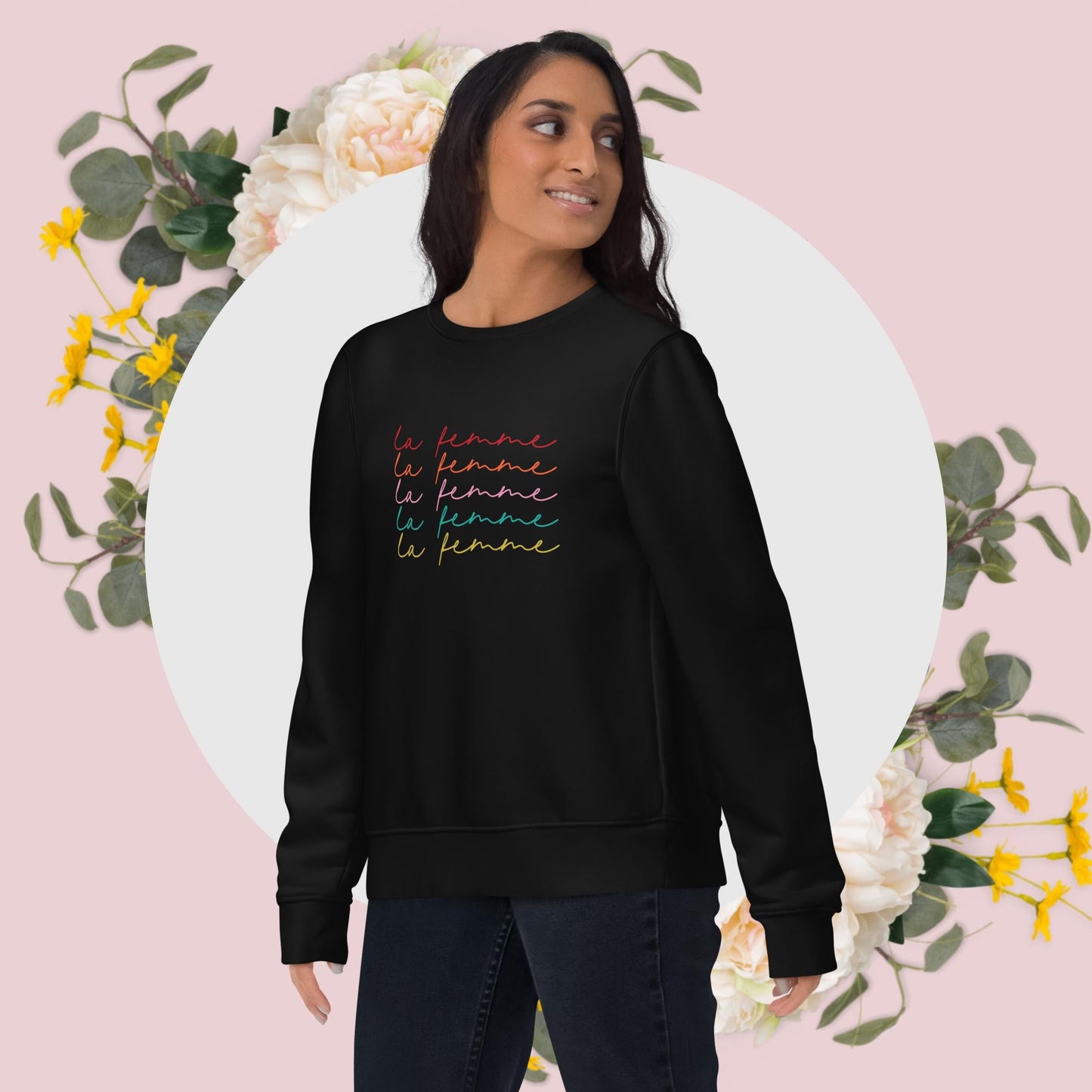Show strength in the feminist 'La Femme' organic cotton sweatshirt, perfect sweatshirts for women.
