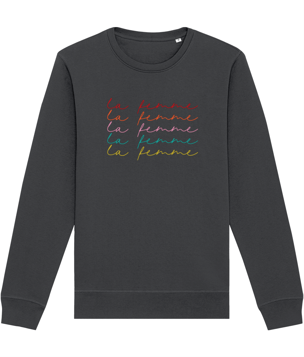 Celebrate feminism with the feminist 'La Femme' organic cotton sweatshirt, a stylish wardrobe staple.