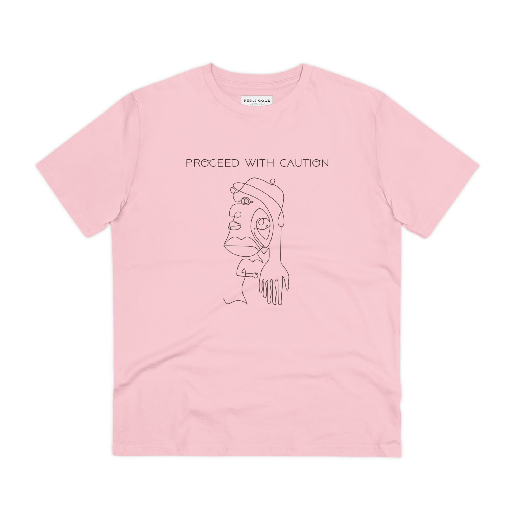 The feminist 'Proceed With Caution' organic cotton t-shirt is a staple for every feminist wardrobe.