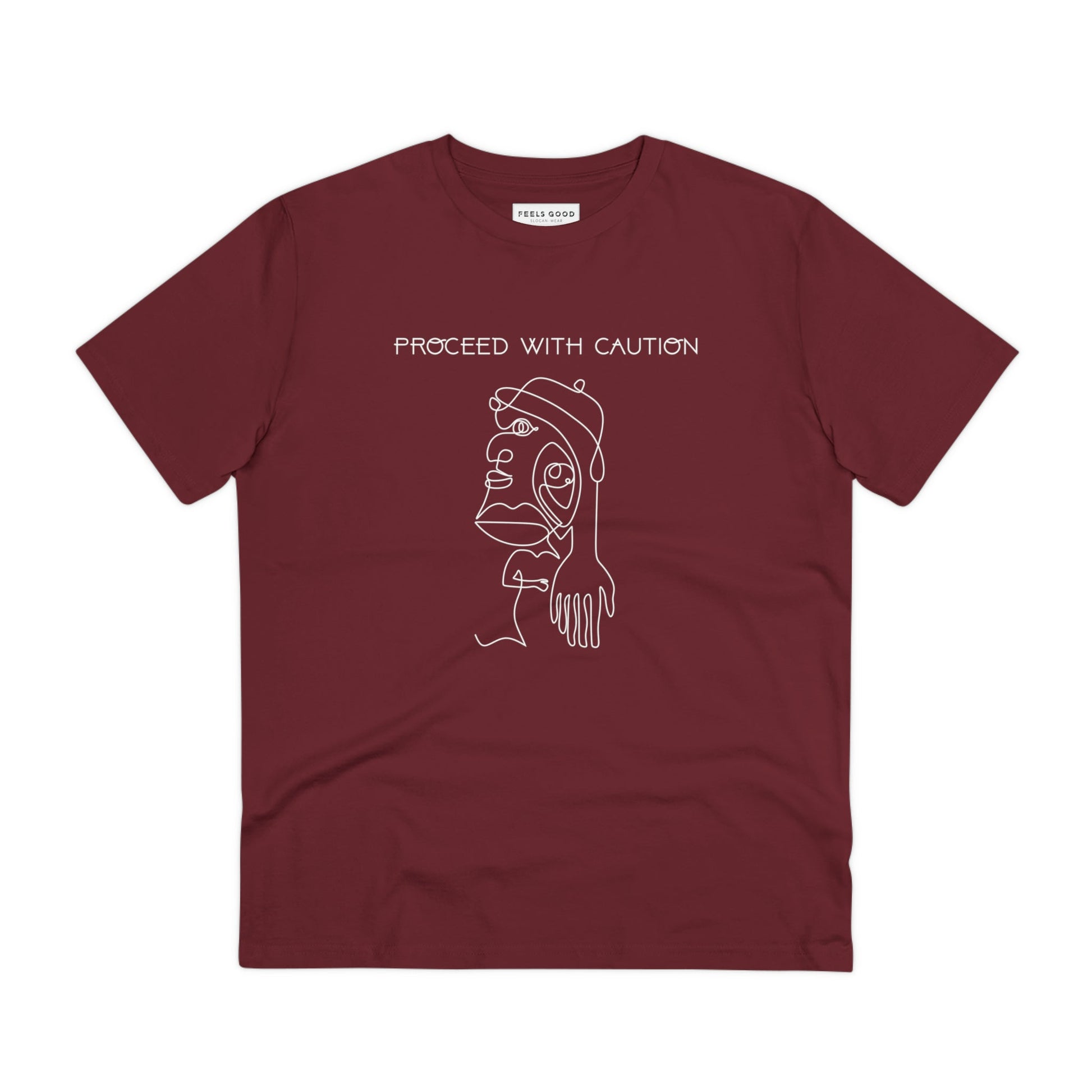 Ethically made feminist 'Proceed With Caution' organic cotton t-shirt – for those who stand for change.