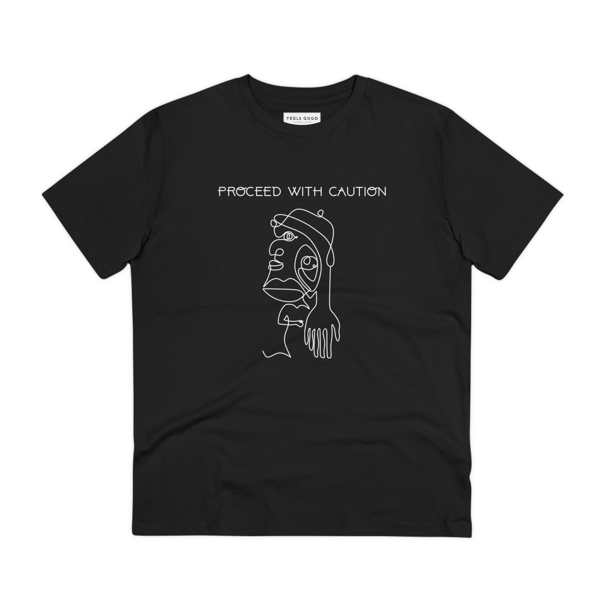 The feminist 'Proceed With Caution' organic cotton t-shirt is your go-to for bold, ethical fashion.