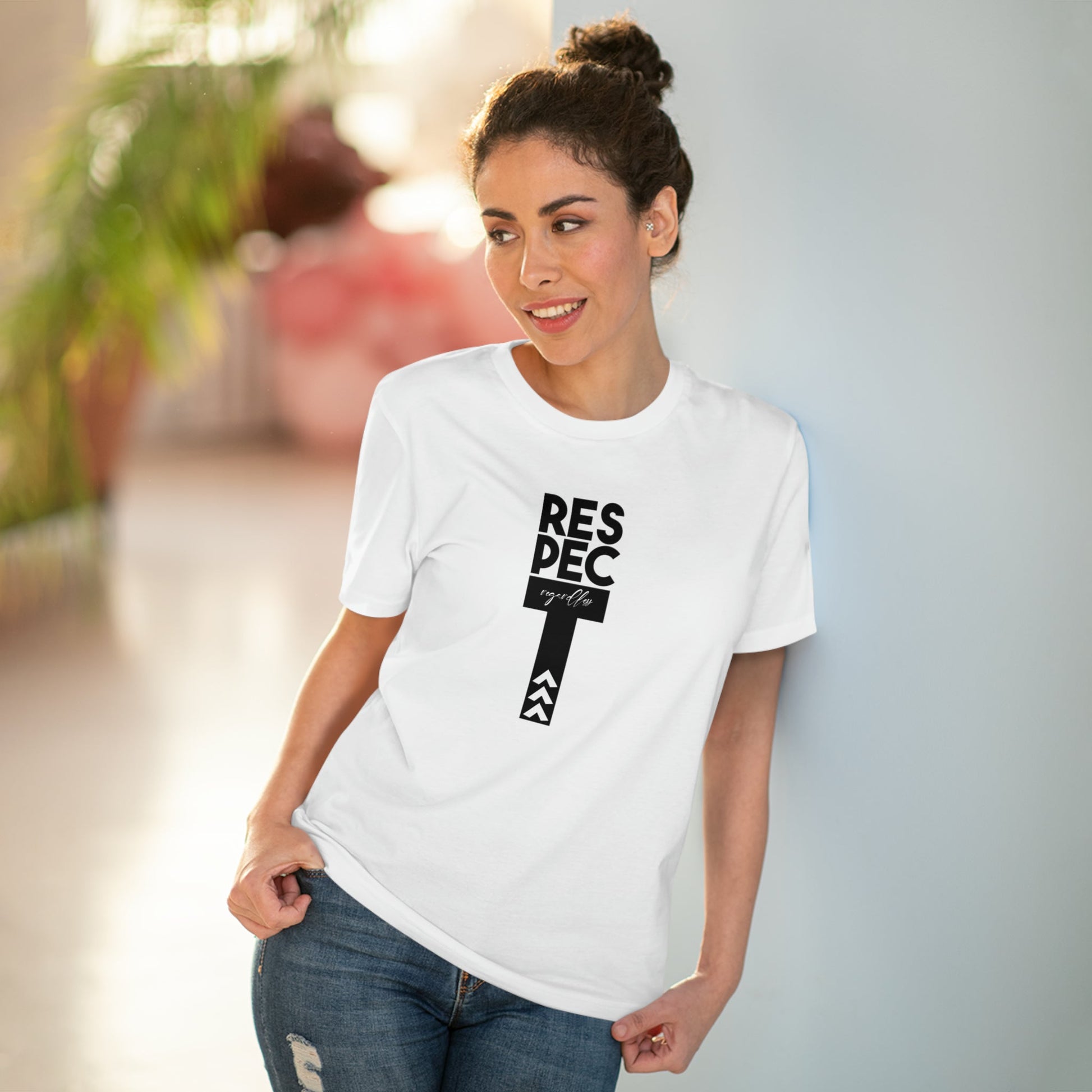 Be bold, be proud—wear the feminist 'Respect Regardless' organic cotton t-shirt for empowerment.

