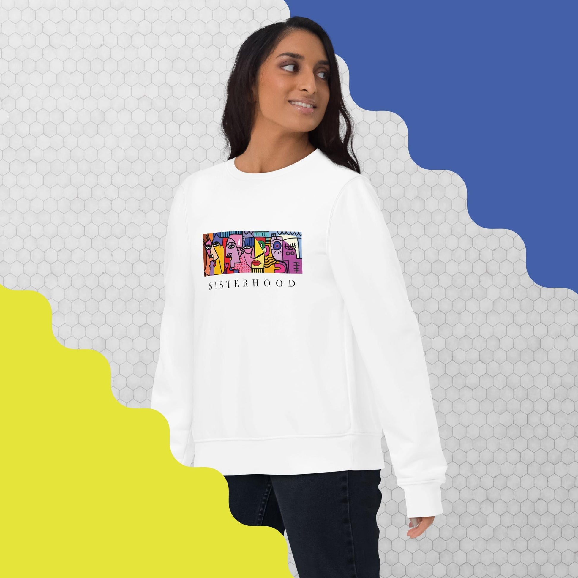 Feminist 'Sisterhood' organic cotton sweatshirt – empowering women with a stylish and comfy fit.