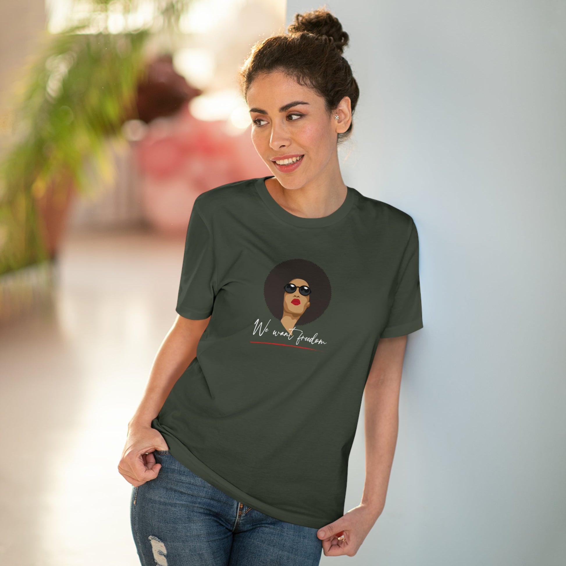 Express your beliefs with the Feminist 'We Want Freedom' organic cotton t-shirt – empowering t-shirts.