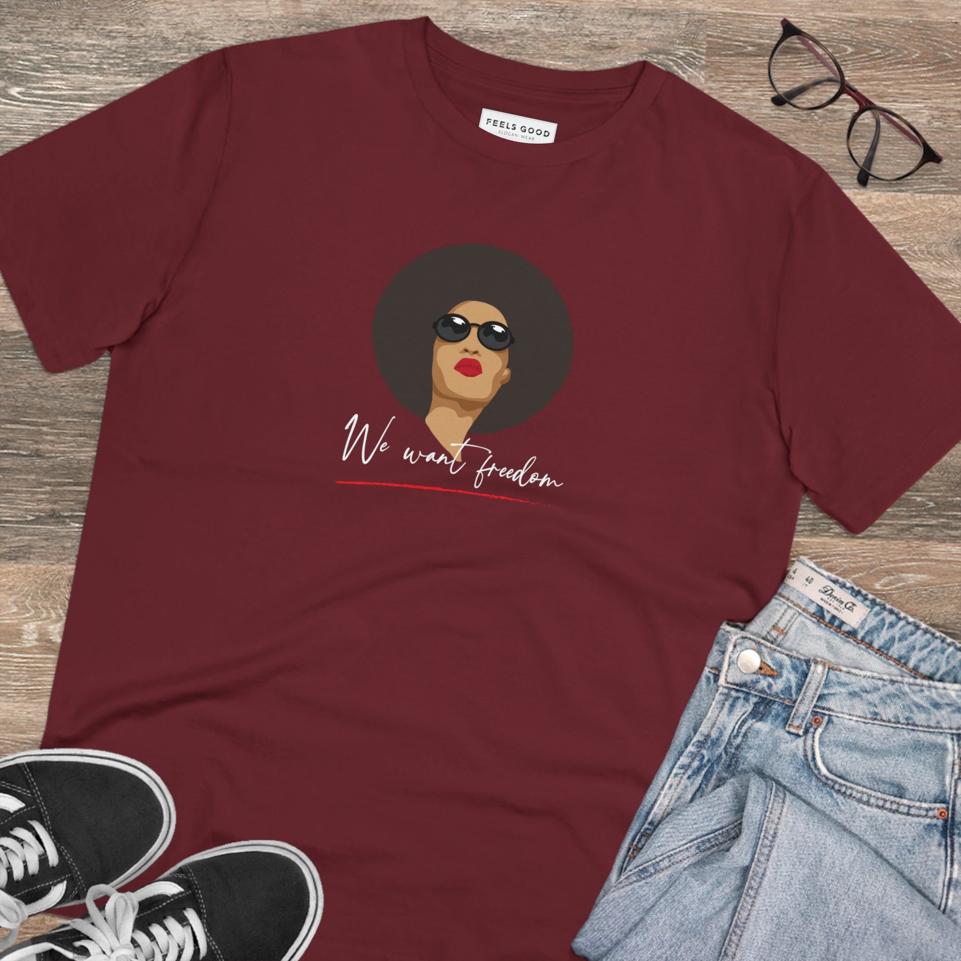 Make a statement in the Feminist 'We Want Freedom' organic cotton t-shirt – gender-neutral t-shirts.
