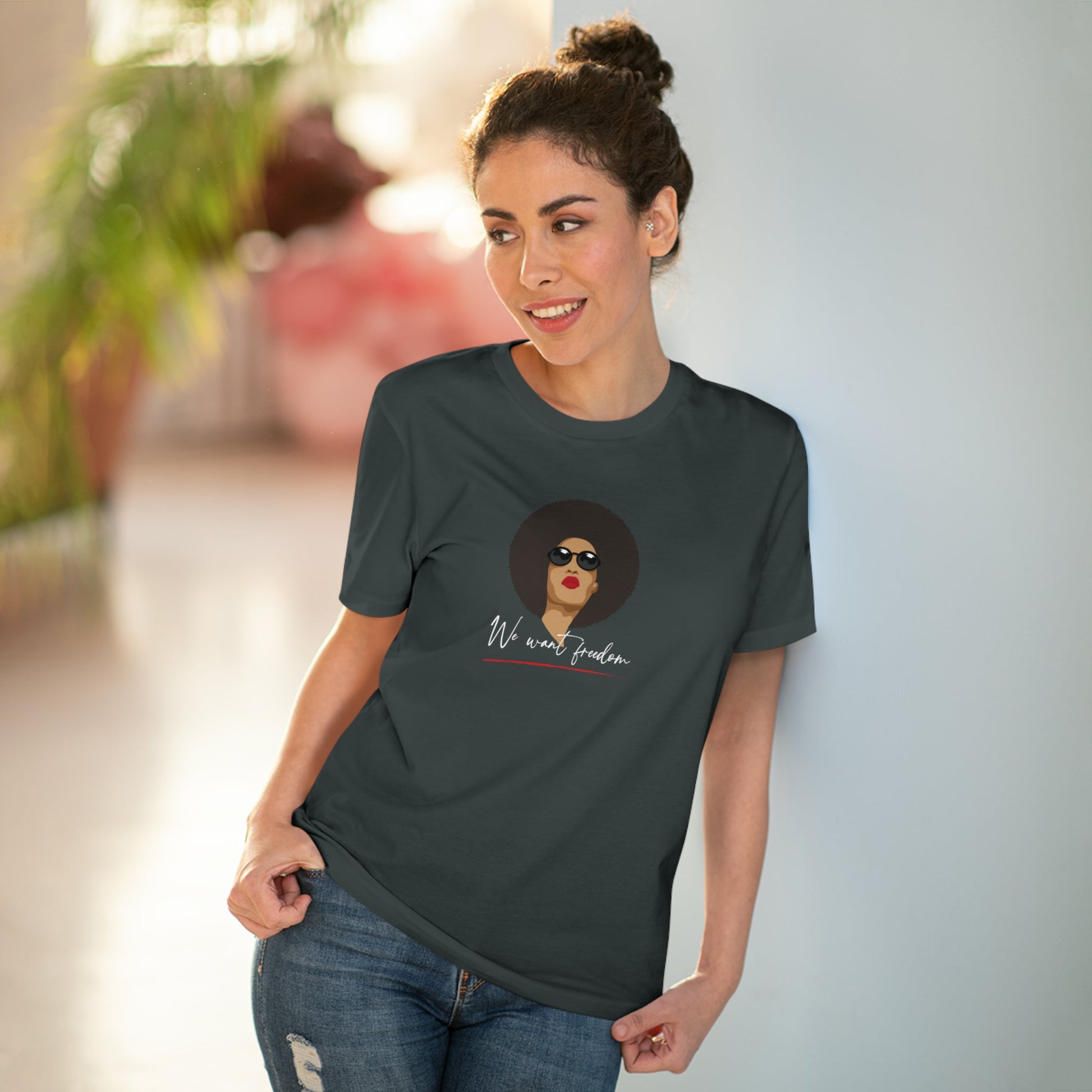 Support the cause with the Feminist 'We Want Freedom' organic cotton t-shirt – neutral t-shirts.