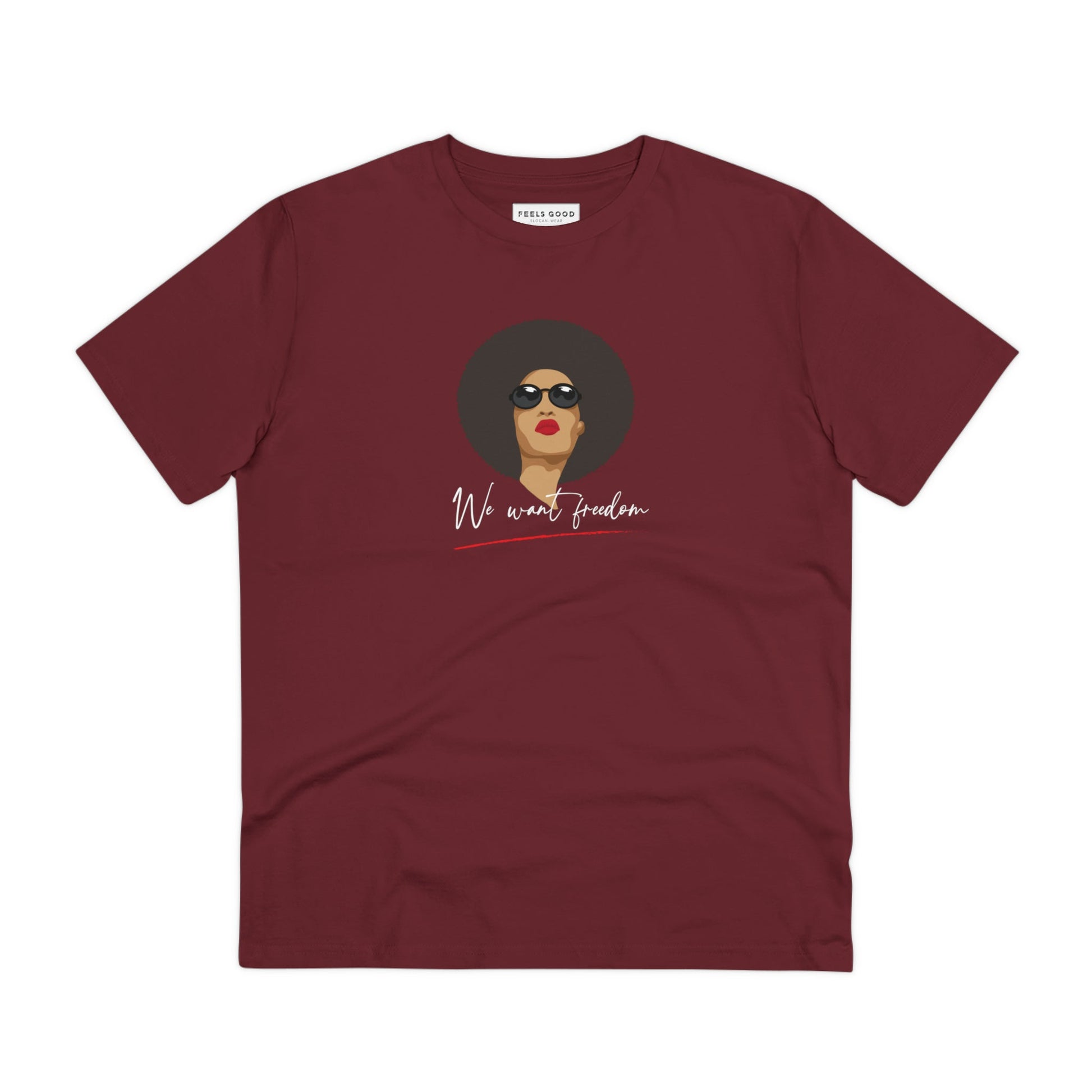 The Feminist 'We Want Freedom' organic cotton t-shirt – a perfect black t-shirt for women.
