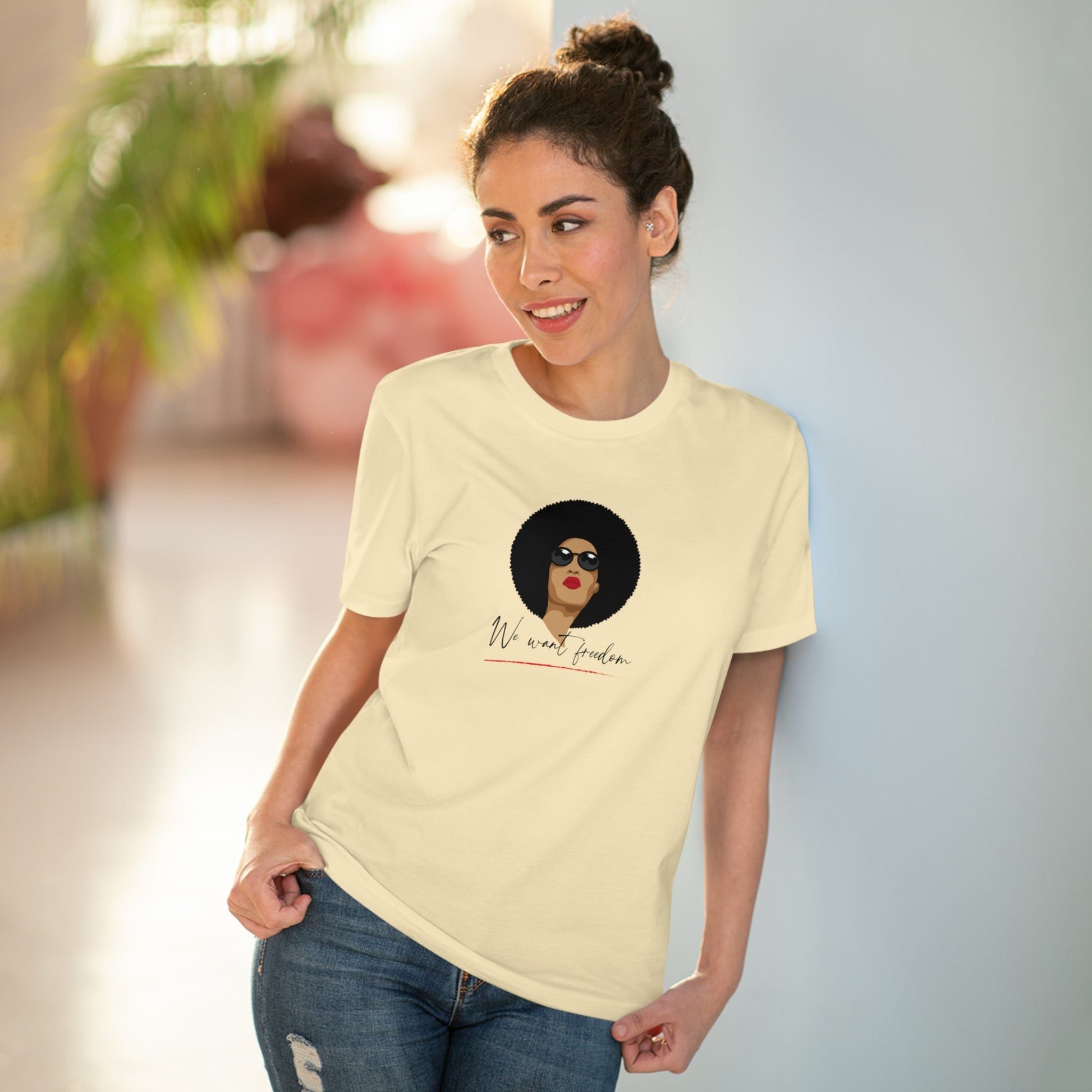 Gender-neutral and stylish – the Feminist 'We Want Freedom' organic cotton t-shirt says it all.