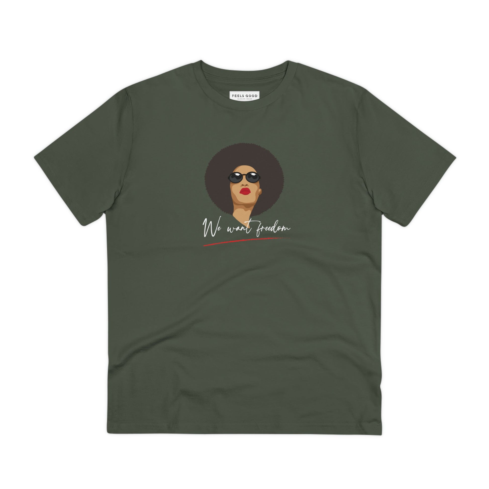 A stylish, unisex feminist slogan t-shirt – the Feminist 'We Want Freedom' organic cotton t-shirt.