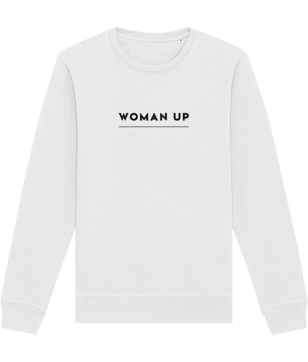 Look chic and strong in our feminist 'Woman Up' organic cotton sweatshirt, a fab black sweatshirt for women.