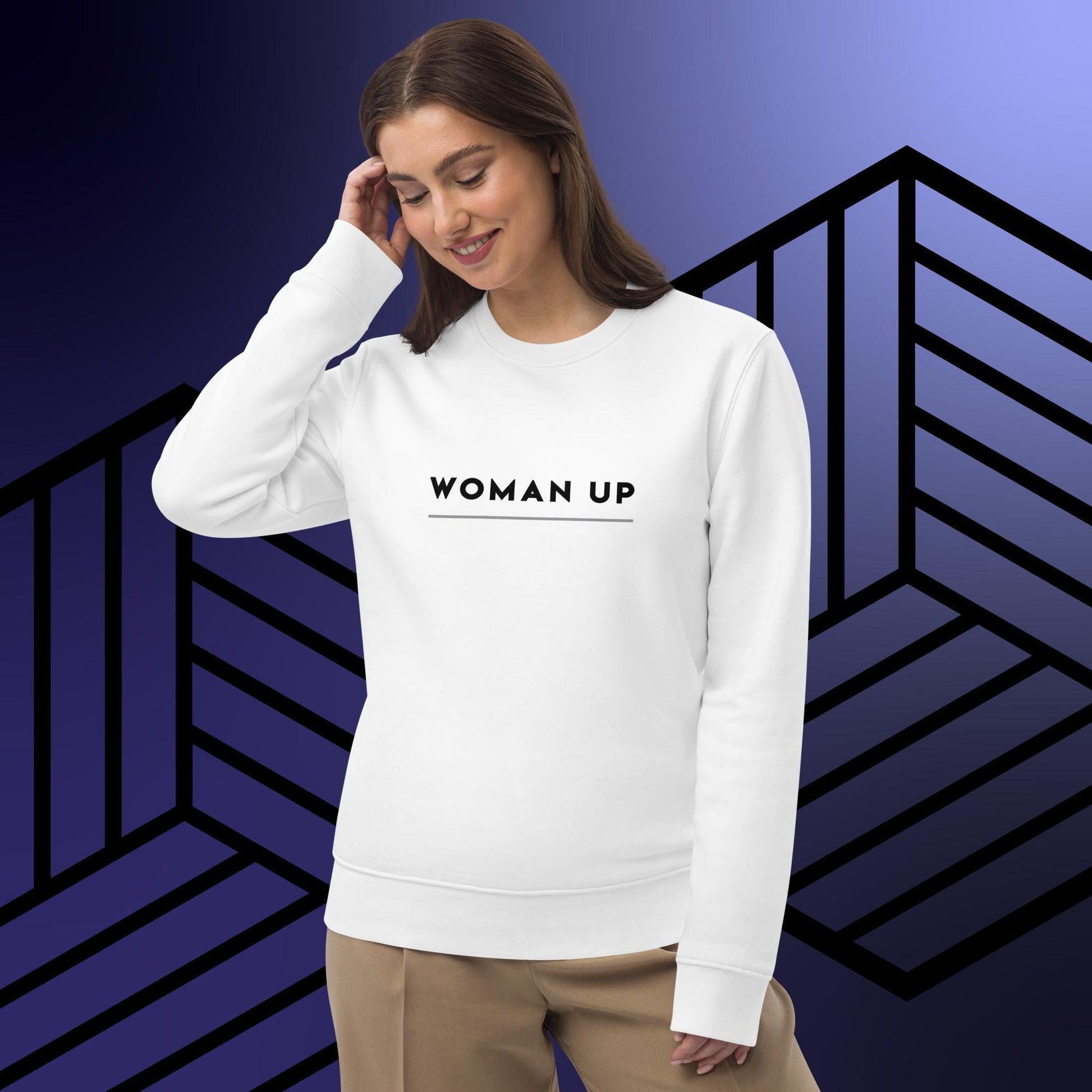 The feminist 'Woman Up' organic cotton sweatshirt is soft, stylish, and a true feminist sweatshirt.