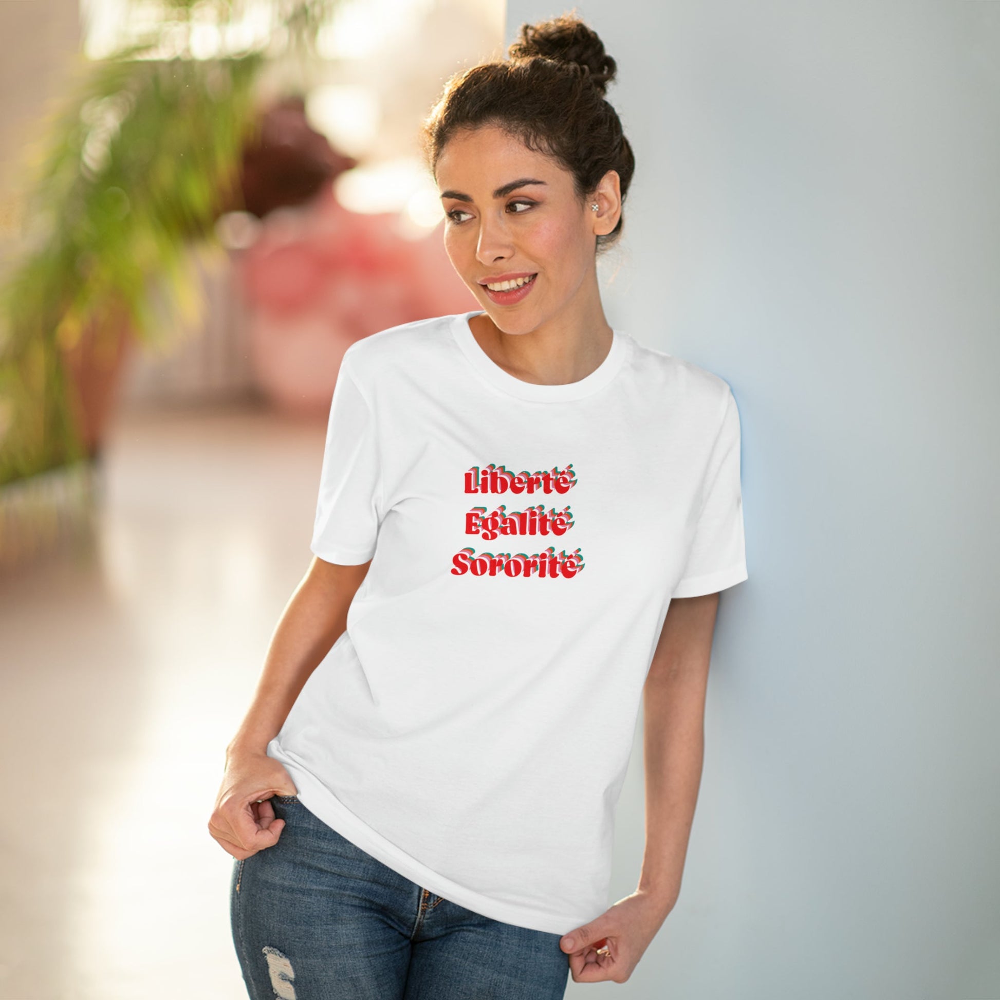 Elevate your wardrobe with French tee shirts like the Francophile 'Liberty, Equality, Sorority' T-shirt.