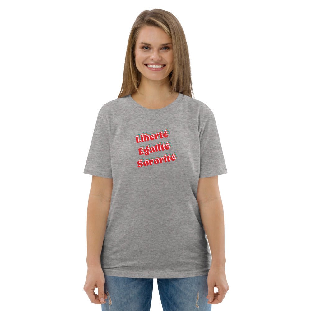 Make a statement with a French slogan tee, the Francophile 'Liberty, Equality, Sorority' T-shirt.