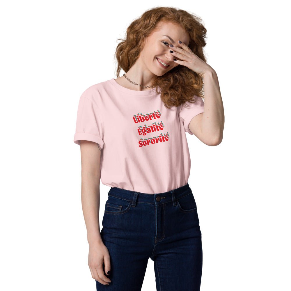 Trendy T-shirts in French, the Francophile 'Liberty, Equality, Sorority' T-shirt is a must-have.