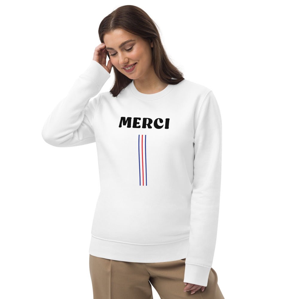 Elevate your French clothing online collection with the cozy Francophile 'Thanks' Sweatshirt.