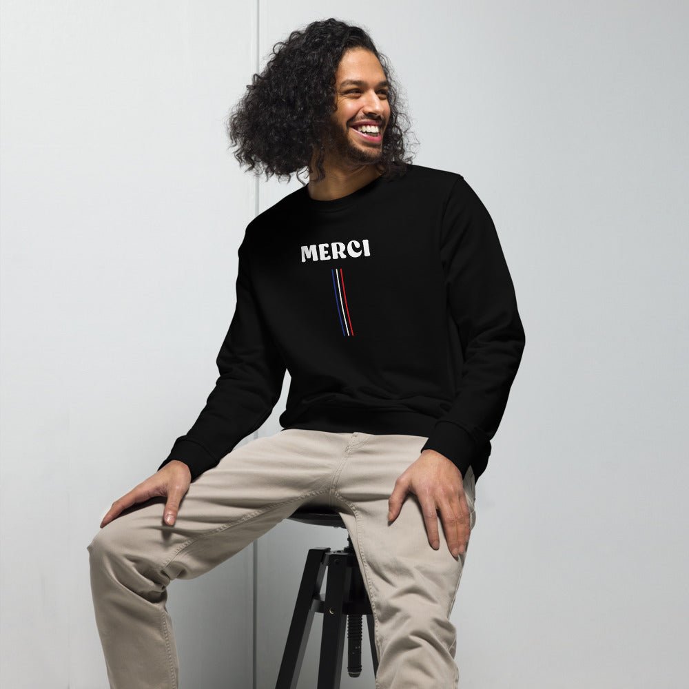 Elevate your French clothes for men collection with the Francophile 'Thanks' Organic Sweatshirt.
