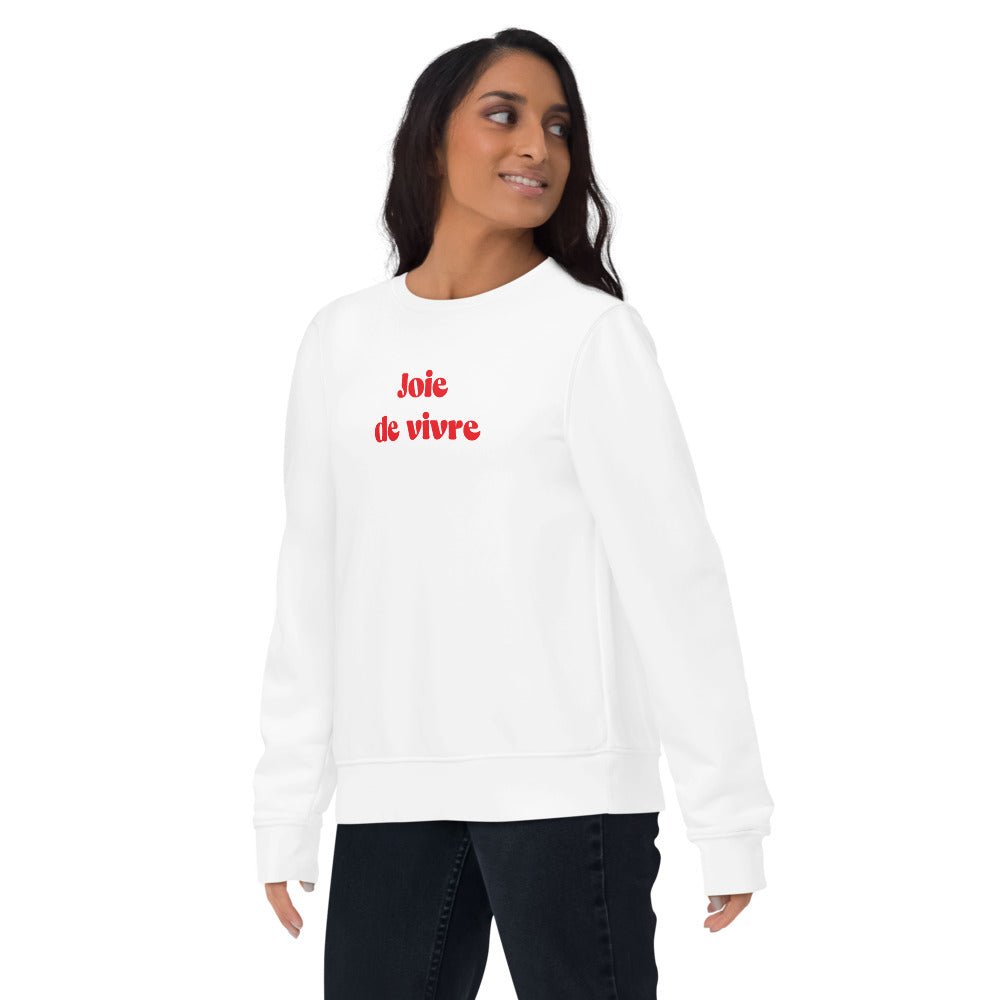 'The Joy Of Life' French phrase on organic cotton.
