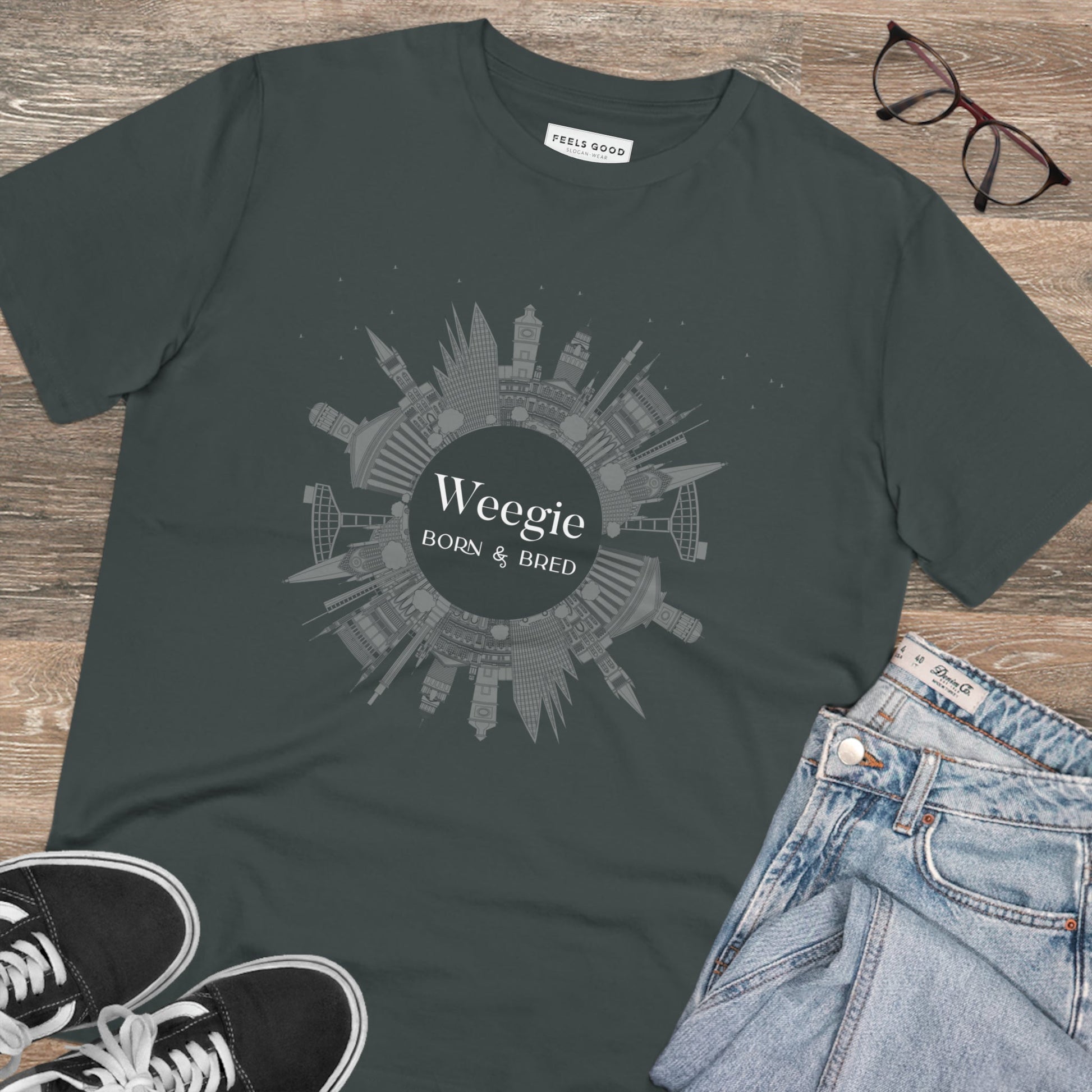 Glaswegian Slang 'Weegie Born & Bred' organic cotton t-shirt – perfect for fans of Scottish slang phrases.