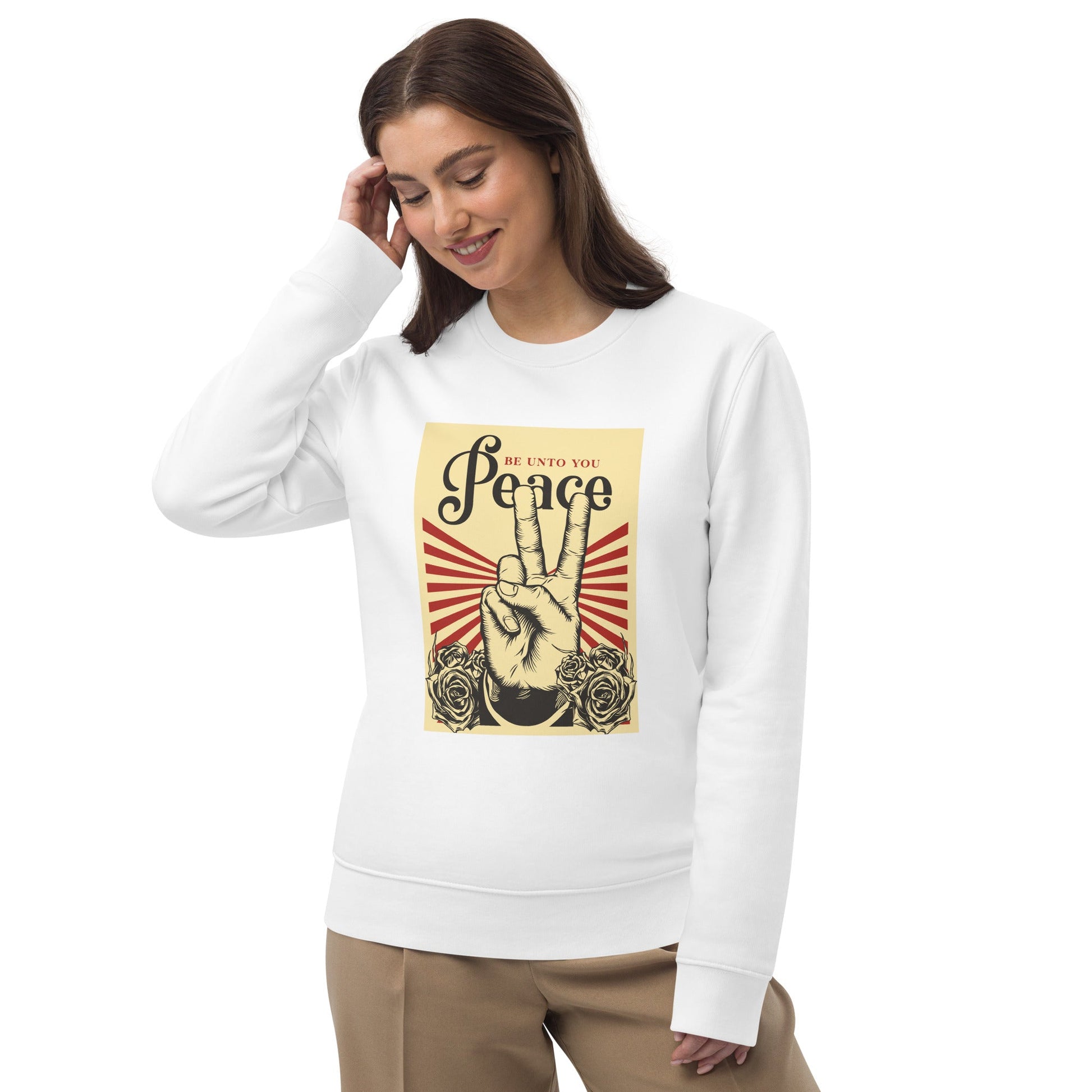 Elevate style with the Positive 'Peace Be Unto You' Retro Organic Cotton Sweatshirt, a true retro gem.