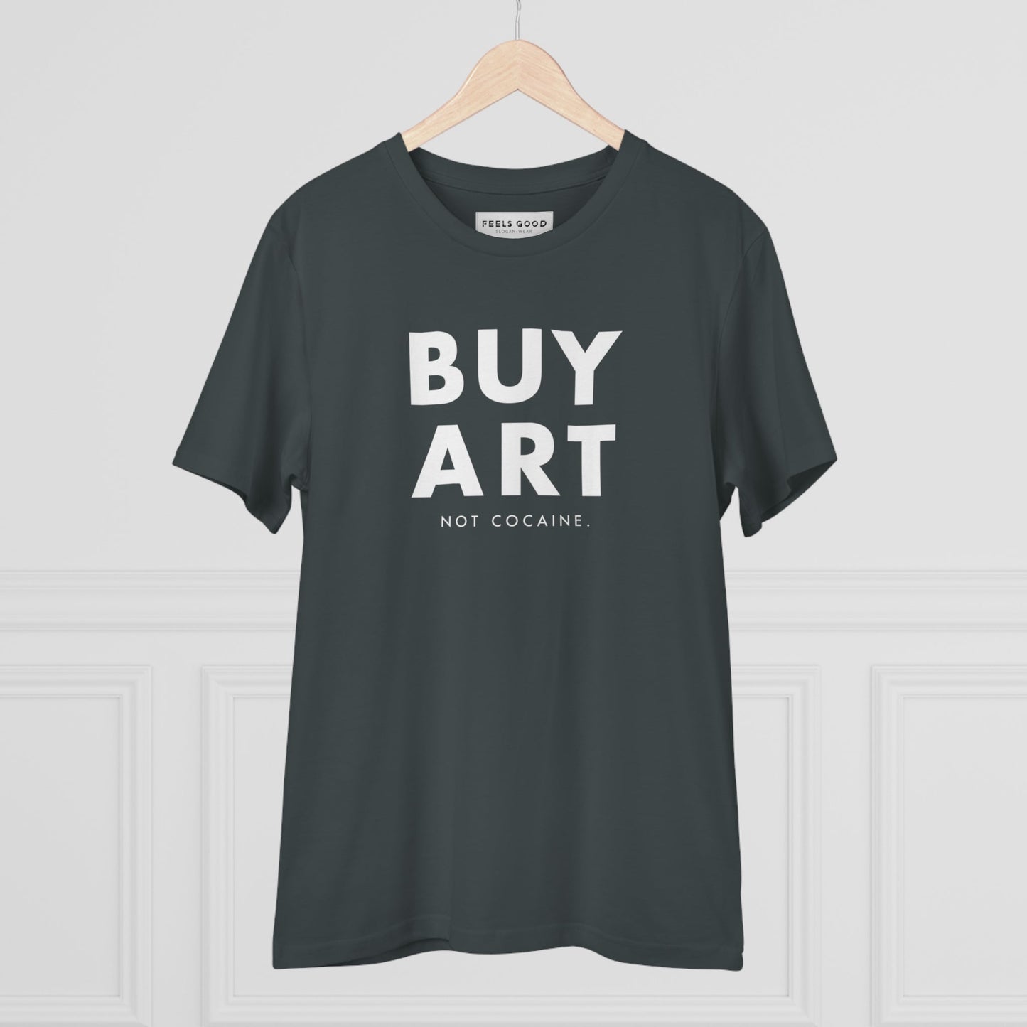 Hip Hop 'Buy Art, Not Cocaine' Organic Cotton T-shirt – T-shirts with music notes theme.