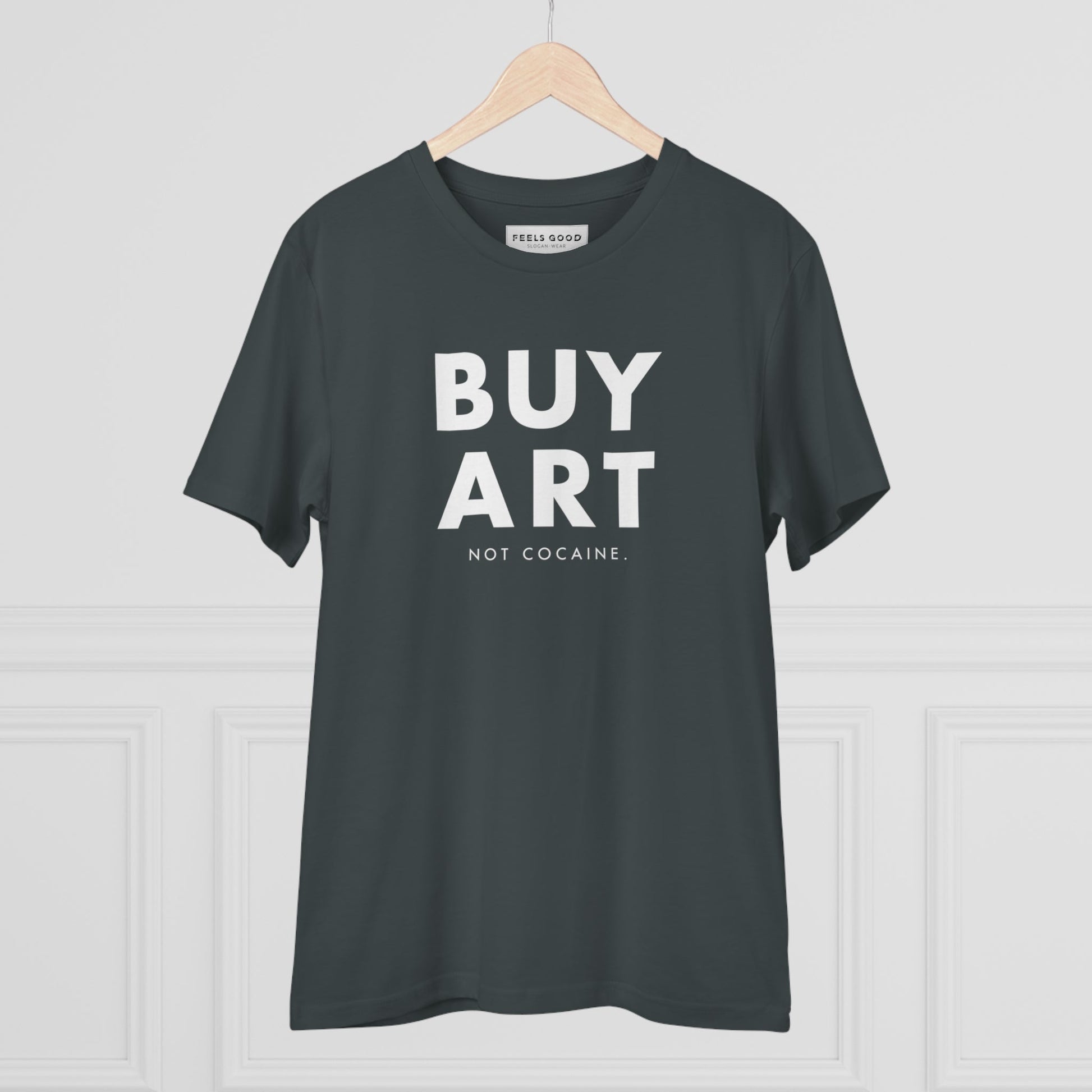 Hip Hop 'Buy Art, Not Cocaine' Organic Cotton T-shirt – T-shirts with music notes theme.