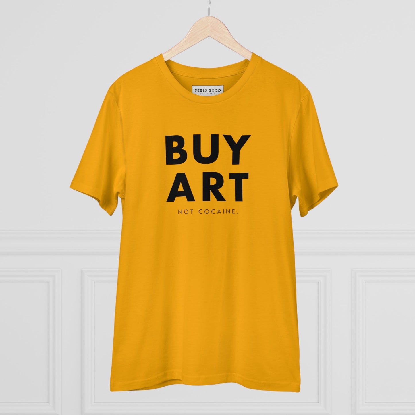 Eco-friendly hip hop tee with artistic vibe and 'Buy Art, Not Cocaine' print.

