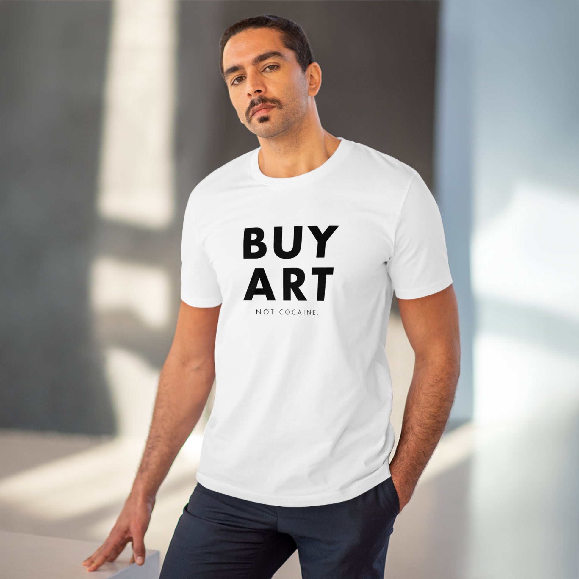 Hip Hop 'Buy Art, Not Cocaine' organic cotton t-shirt with powerful street message.


