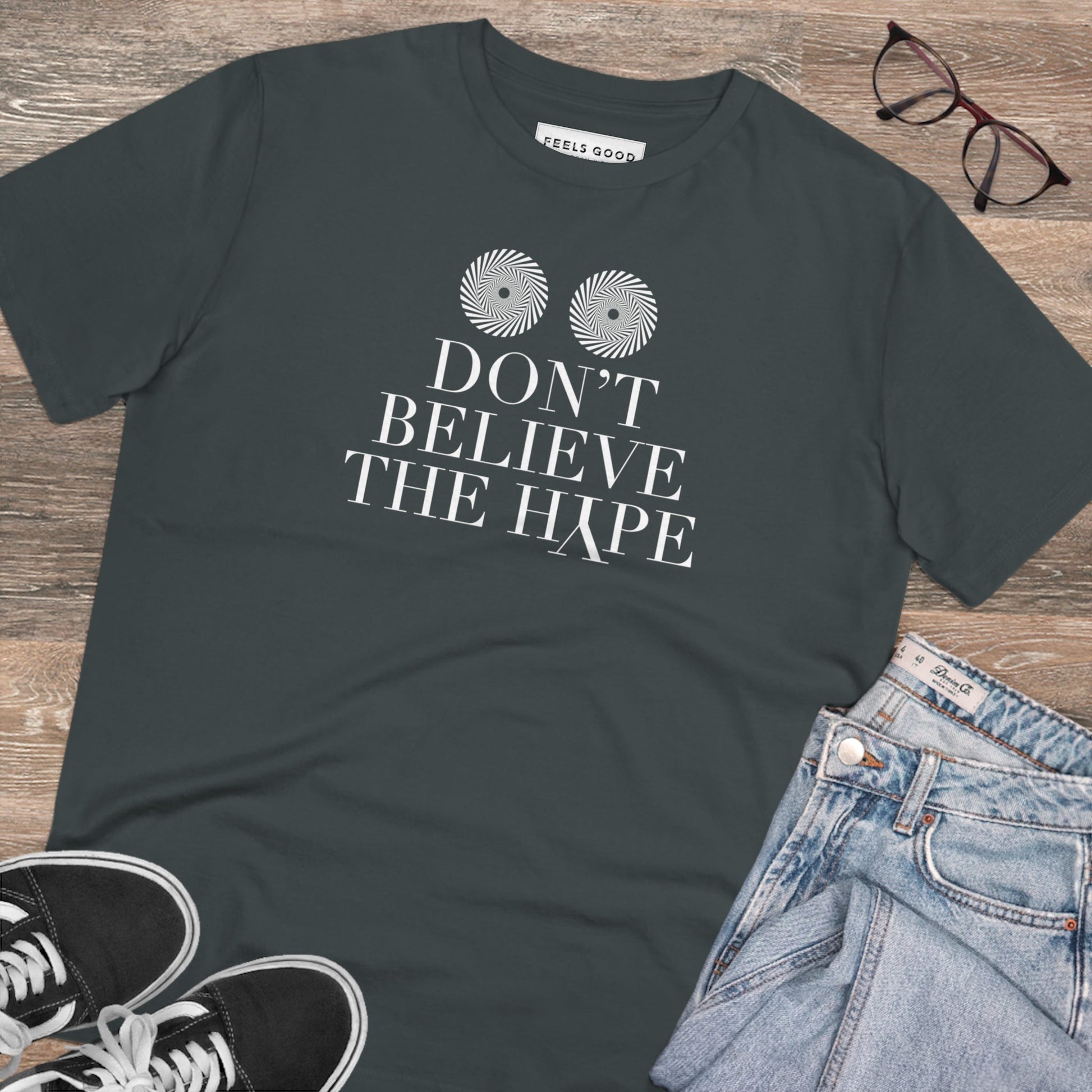 Unisex organic cotton tee featuring 'Don't Believe The Hype' hip hop graphic.

