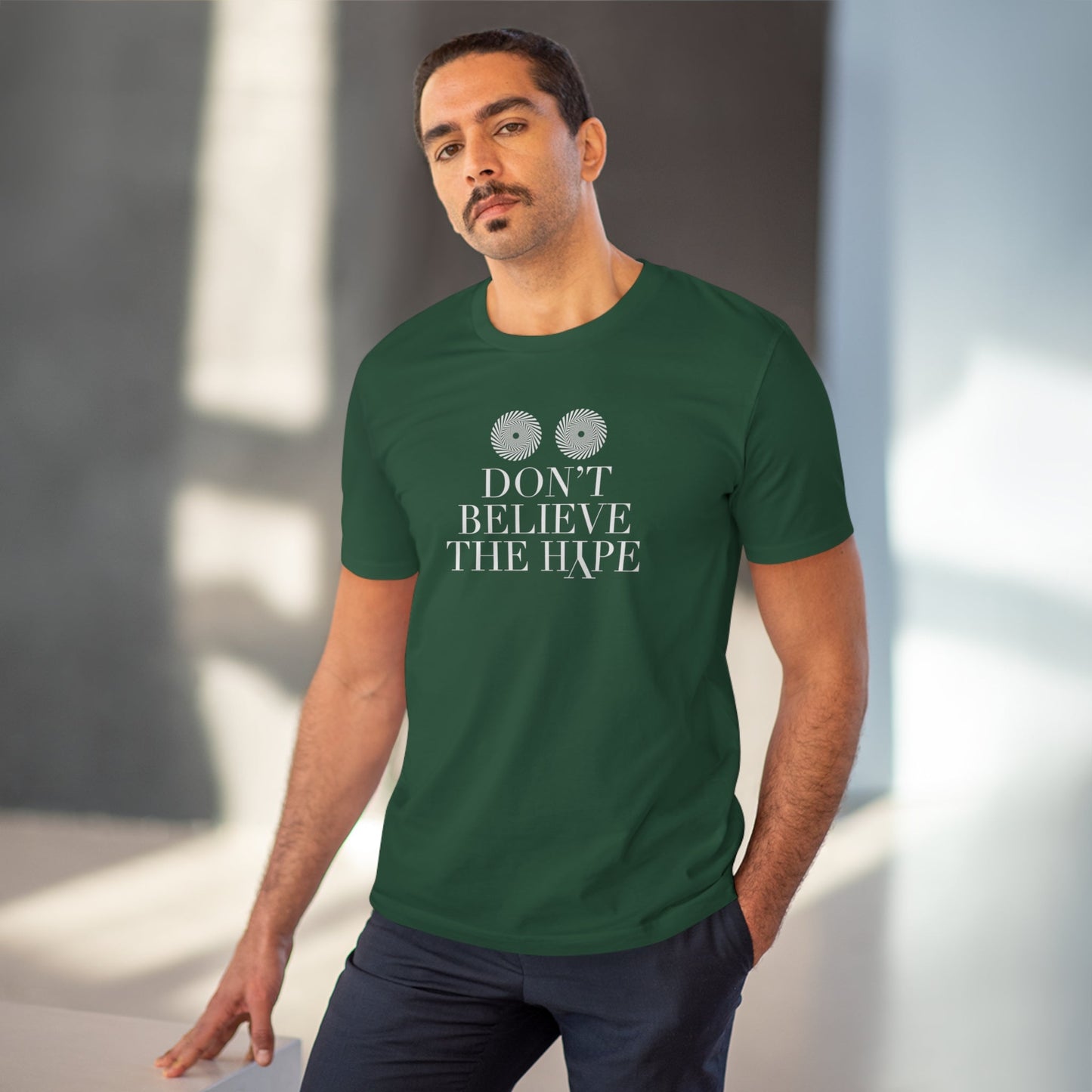 'Don't Believe The Hype' t-shirt in soft organic cotton for urban fashion lovers.
