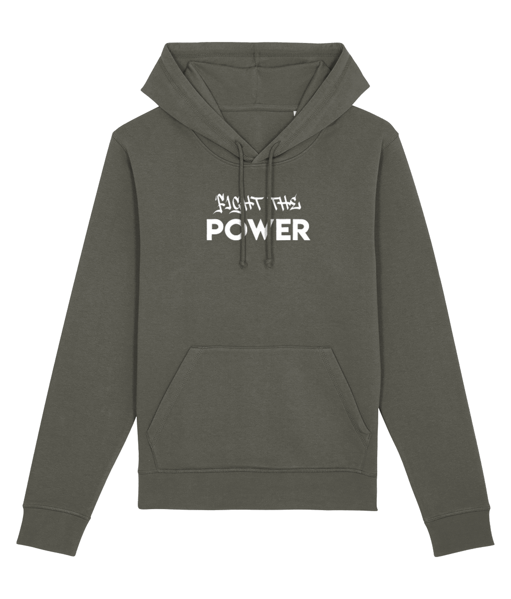 Ethical organic cotton hoodie with ‘Fight The Power’ writing