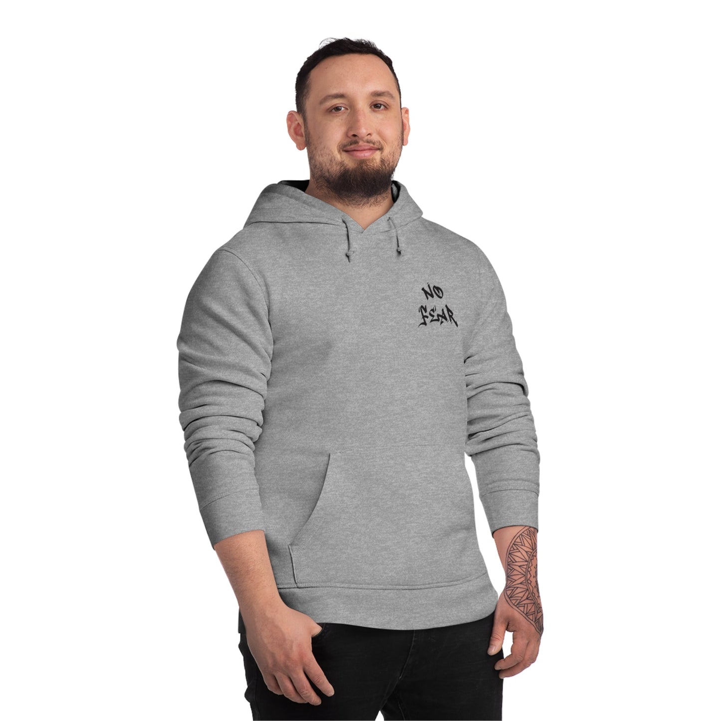 Music-inspired hoodie with ‘No Fear’ text design
