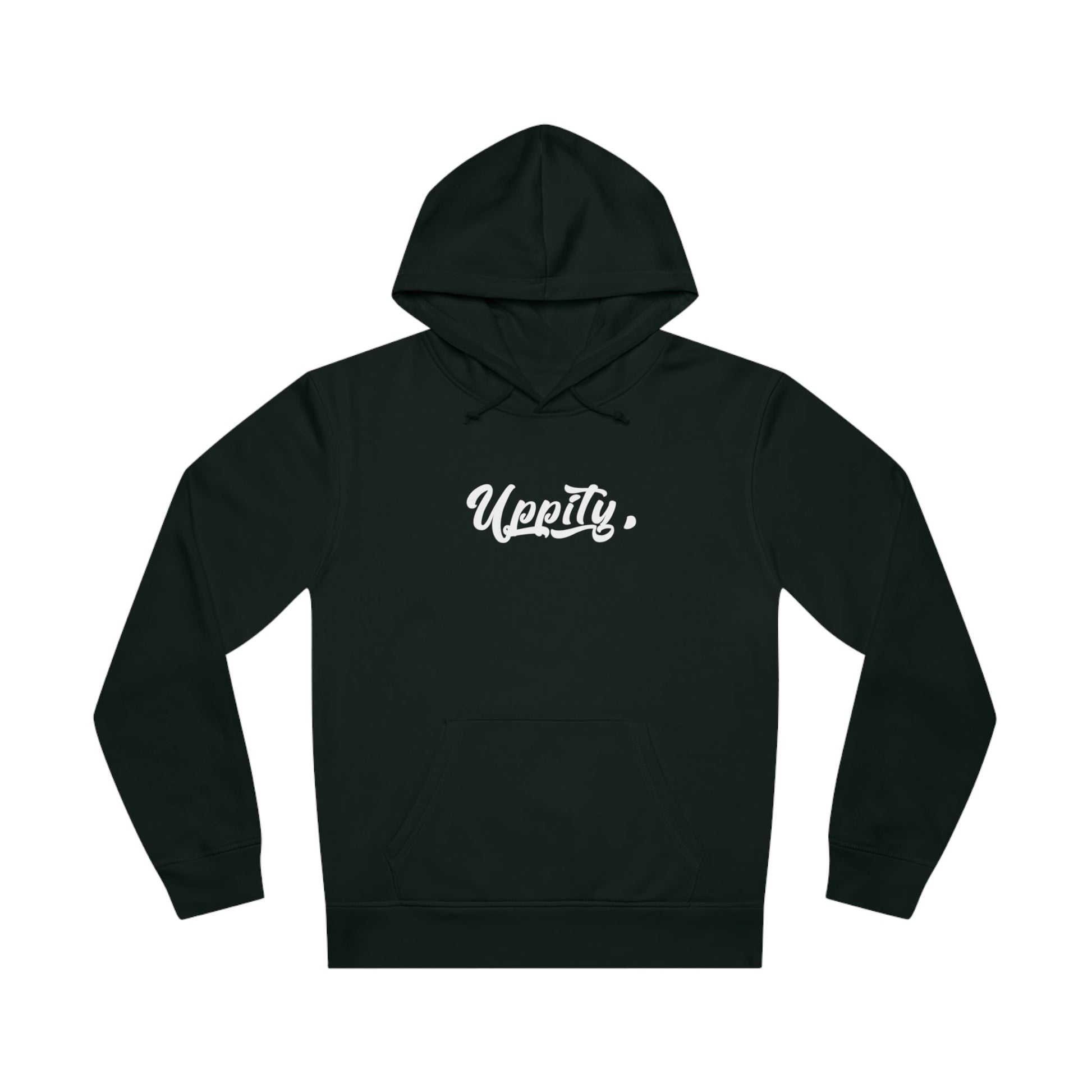 Black organic hoodie with ‘Uppity’ text for music lovers